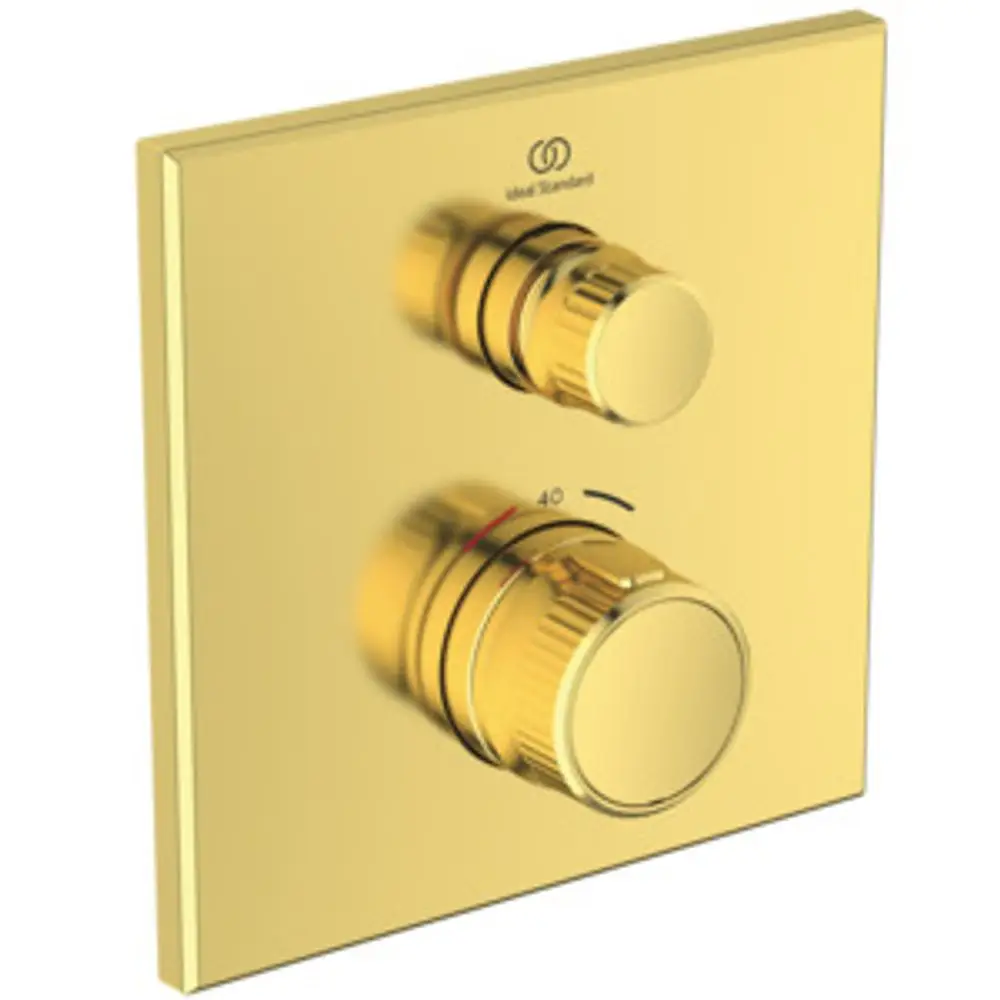 Brausethermostat in gebürstetem Goldfinish von Ideal Standard, mit zwei verstellbaren Reglern zur Temperatureinstellung und einem klaren, eckigen Design.